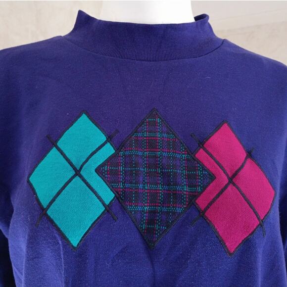 Vntg 90s Alfred Dunner Patchwork Argyle Sweatshirt Purple USA Made Preppy L/XL - Picture 3 of 11